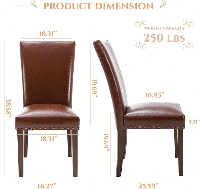 Parsons Dining Chairs Set of 4, Upholstered Nailhead PU Leather Dining Room Kitchen Side Chair with Thick Cushions and Wood Legs, Light Brown