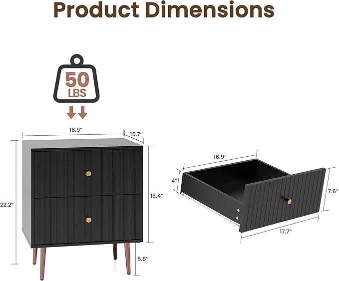 Black Night Stand Set 2,Modern Bedside Table with 2 Drawers Storage,Fluted Nightstand and Wood End Side Table with Rose Gold Metal Legs and Handles for Bedroom,Black