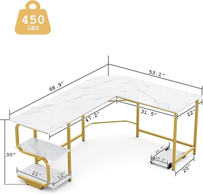 Teraves Reversible L Shaped Desk with Large Surface, 69 Inch Sturdy Corner Desk with Storage Shelves, Premium Office Computer Desk Workstation for Home Office Gaming