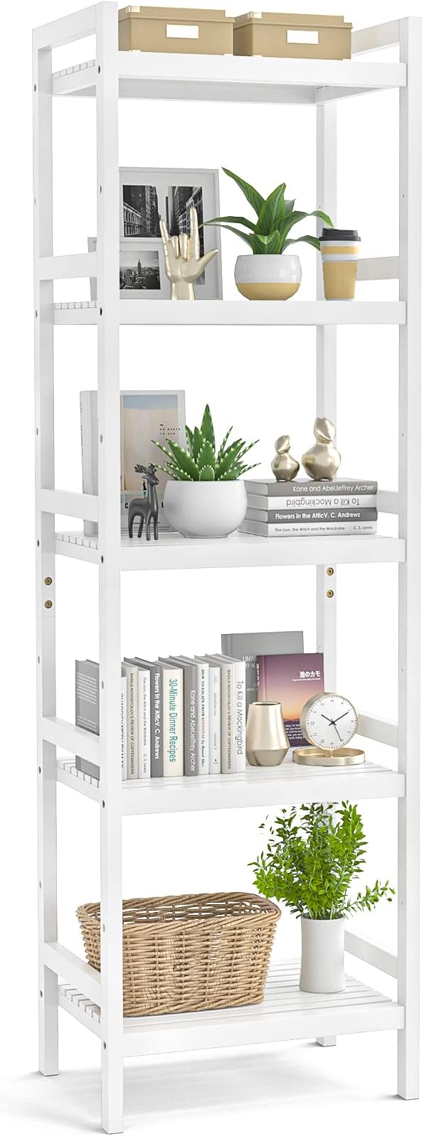 Homykic Bamboo Bookshelf, 5-Tier Narrow 55.9” Adjustable Book Shelf Bookcase Bathroom Shelves Freestanding Storage Stand for Living Room, Bedroom, Kitchen, Rust Resistance, Easy Assembly, White