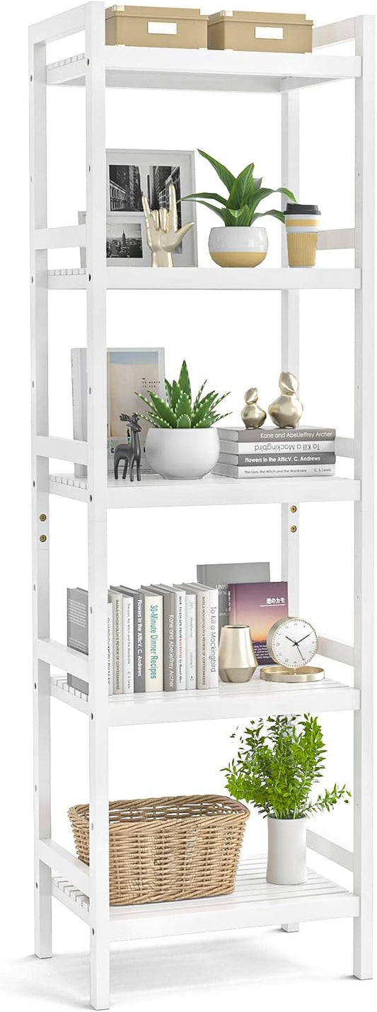 Homykic Bamboo Bookshelf, 5-Tier Narrow 55.9” Adjustable Book Shelf Bookcase Bathroom Shelves Freestanding Storage Stand for Living Room, Bedroom, Kitchen, Rust Resistance, Easy Assembly, White