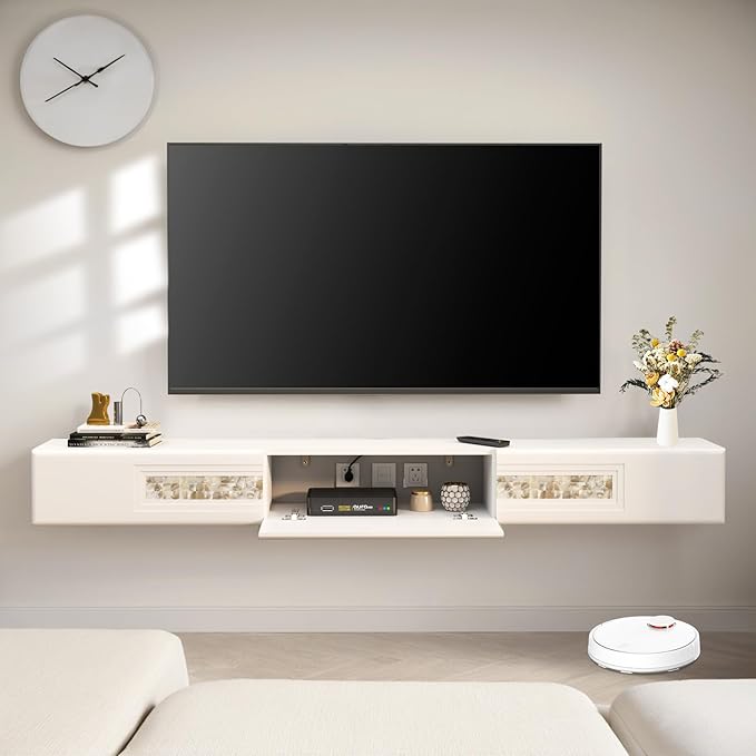 Pmnianhua Floating TV Stand with Mosaic Decor,Wall Mounted TV Console,Floating Entertainment Shelf with Door and Drawers for Bedroom Living Room(White)