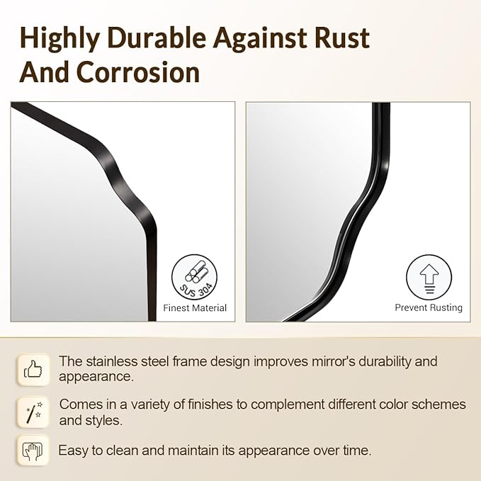 Black Wall Mirror, 24"x36" Black Scalloped Mirror, Unique Curved Edge Design, Anti-Rust SUS304 Frame, Hangs Vertical or Horizontal