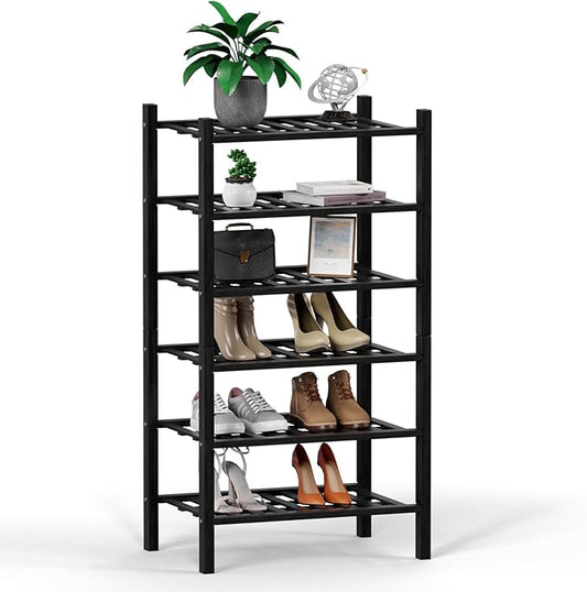 Haddockway small 6 Tier Bamboo Shoe Rack Storage Organizer, Multifunctional Free Standing Stackable Shoe Shelf with Grid Panel for Closet,Hallway,Entryway,Small Space 18"x11"x34"(Black, 6-Tier(Small))