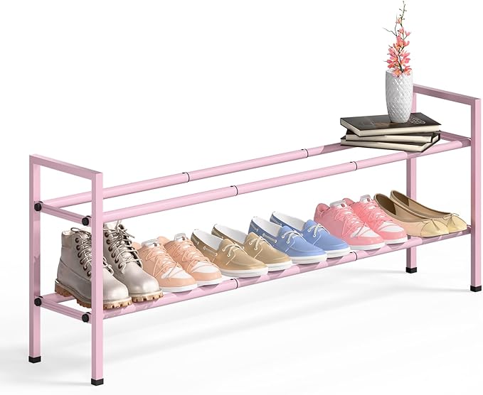 Bumusty 2-Tier Long Expandable Shoe Rack for Closet, 18"-44" Adjustable Shoe Rack for Entryway, 10-12 Pairs Large Shoe Organizer Shelf Storage, Sturdy Metal, Pink