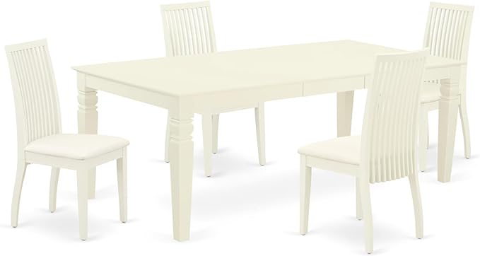East West Furniture LGIP5-LWH-C 5 Piece Dinette Set for 4 Includes a Rectangle Dining Table with Butterfly Leaf and 4 Linen Fabric Dining Room Chairs, 42x84 Inch, Linen White
