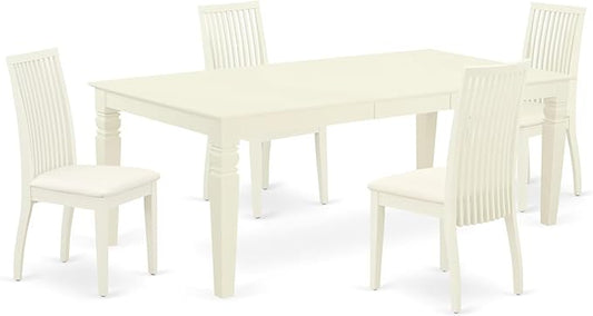 East West Furniture LGIP5-LWH-C 5 Piece Dinette Set for 4 Includes a Rectangle Dining Table with Butterfly Leaf and 4 Linen Fabric Dining Room Chairs, 42x84 Inch, Linen White