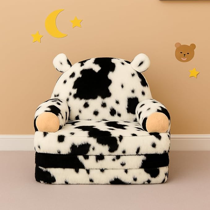 Toddler Chair with Faux Rabbit Fur – 2-in-1 Foldable Kids Couch, Soft Sofa for Reading, Napping, Bedroom or Playroom Use, 18 Months+ （Cow）