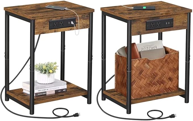 TUTOTAK Night Stand with Charging Station, Set of 2, End Table, Side Table with USB, 21.8”H Nightstand with Storage Shelf, Sofa Couch Table TB01BB029 (2 pcs)