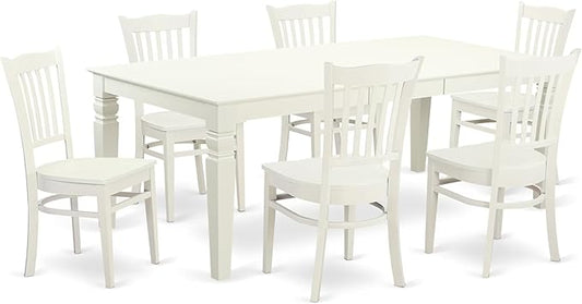 East West Furniture LGGR7-LWH-W 7 Piece Dining Table Set Consist of a Rectangle Dining Room Table with Butterfly Leaf and 6 Wood Seat Chairs, 42x84 Inch, Linen White
