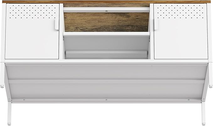 Manhattan Comfort Landen 47" Modern Metal TV Stand with Storage Cabinets & Open Shelves, Holds Up to 40" Screen, TV Console with Natural Wood Top, Cable Management, Adjustable Legs, White