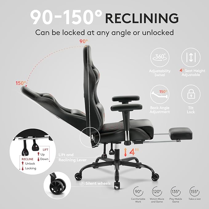 Gaming Chair,Computer Office Chair with Footrest,Massage Lumbar Support and Gel Pad,Ergonomic Reclining Leather Gamer Chair with Headrest,Adjustable Armrests and Spring Cushion Black Red