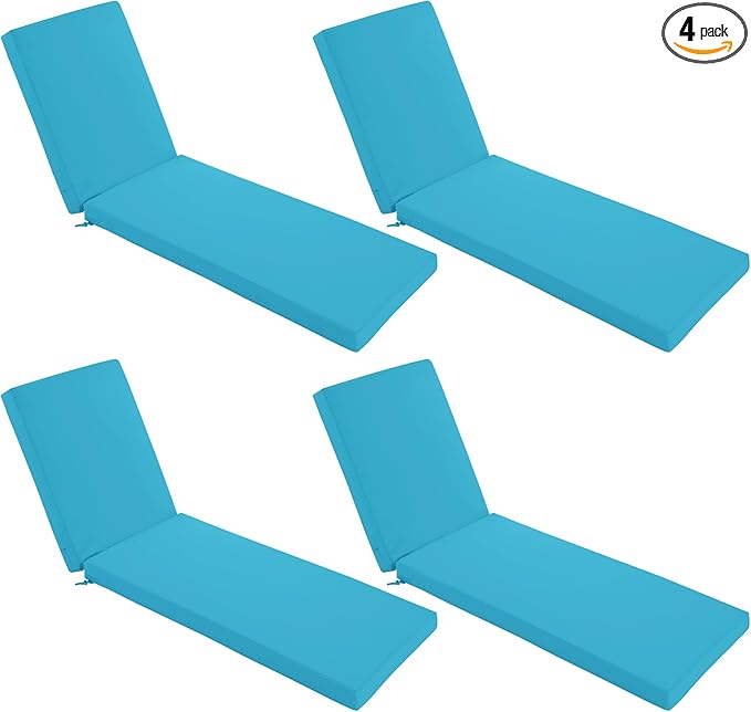 Chaise Lounge Cushions Outdoor Set of 4 - Waterproof and Fade Resistant Sun Lounger Replacement Cushions - Patio Lounger Pads with Removable Cover for Pool, Deck, Lawn, 72 x 21 x 3 Inch, Teal
