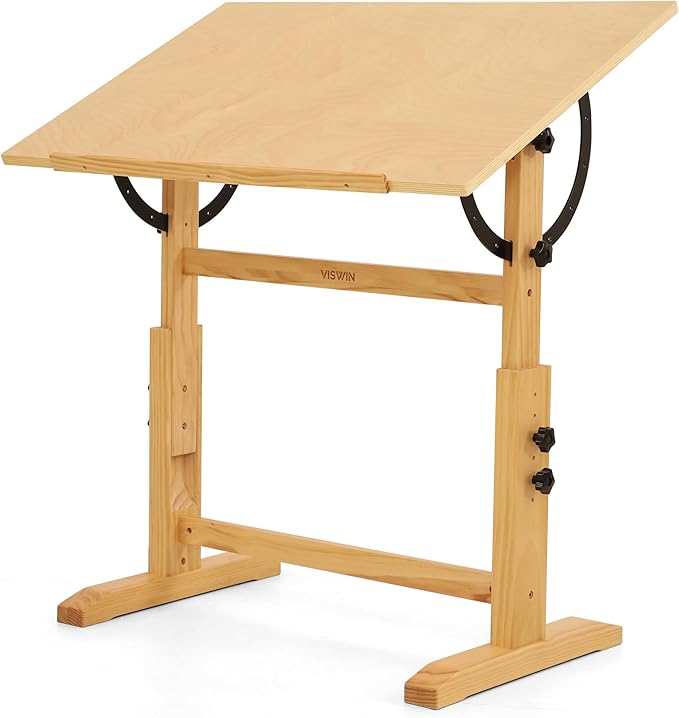 VISWIN Wood Drafting Table for Adults, 24'' x 35" Drawing Table with Adjustable Height & Angle for Art Studio, Solid Pine Wood Artist Desk for Drawing, Drafting, Writing, Reading, Sketching
