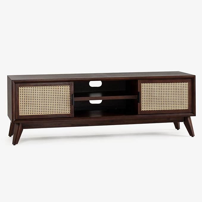 Bme Jasper Deluxe TV Console Table, Pre-Assembled Entertainment Center for up to 70 inch TV, 10 Minutes Assembly Solid Wood TV Table, Mid Century Console Stand - Walnut