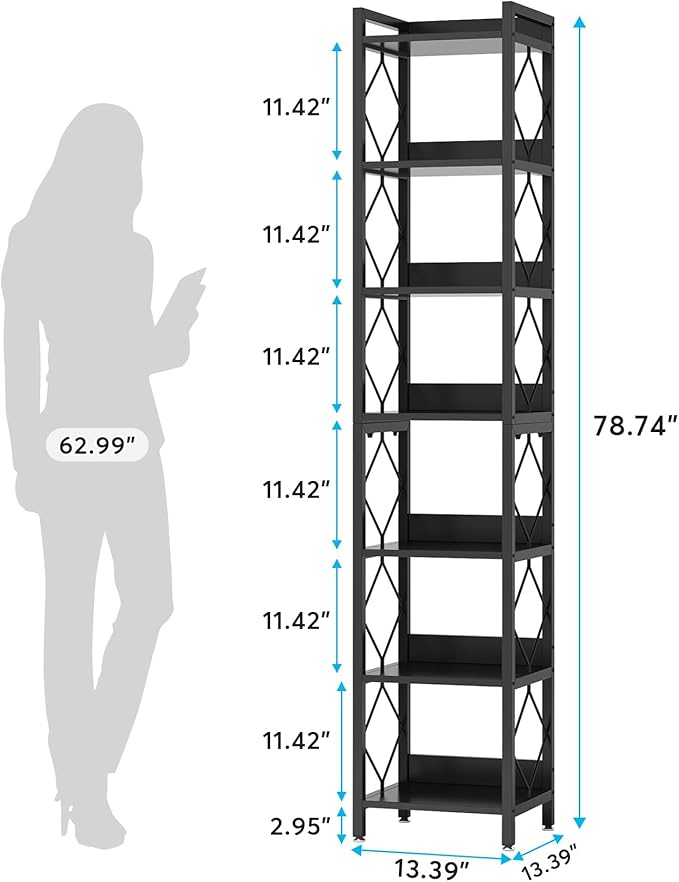 Tribesigns 78.7 Inch Extra Tall Narrow Bookshelf, 7 Tier Skinny Bookcase for Small Spaces, Freestanding Display Shelves, Multifunctional Corner Storage Organizer for Home Office, Black