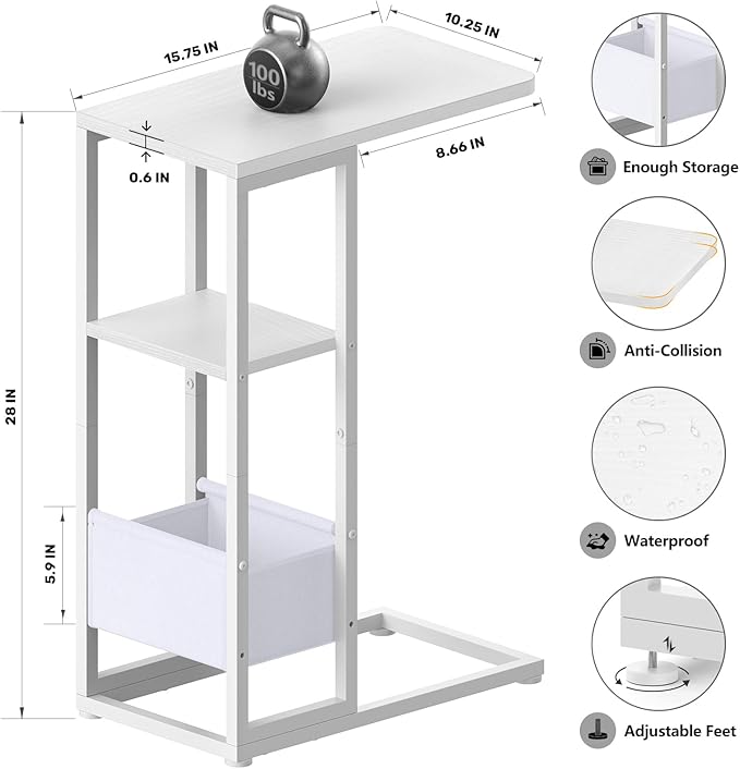C Shaped End Table, Small Side Table for Couch, Recliner, Slide Under Sofa Tray Desk Snack Tables with Storage Bag for Living Room,Bedroom, Small Spaces - White