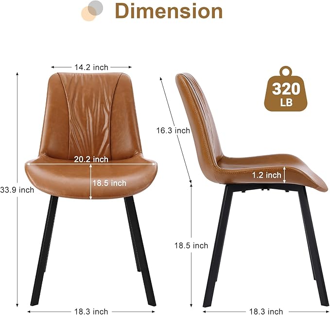 Upholstered Dining Chairs Set of 2, Modern Kitchen & Dining Room Chairs, Faux Leather, Sturdy Metal Legs, for Living Room, Cafe & Restaurant- Brown
