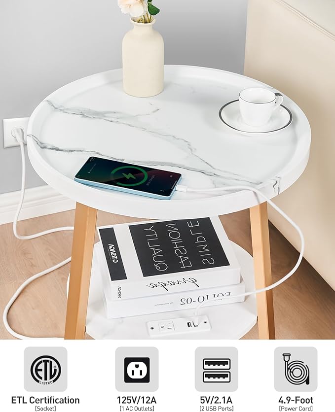 Round End Table with Charging Station, 19.7" Dia x 23.63" H, Side Table with Storage Shelf, for Living Room, Bedroom, Faux Marble Top, Gold & White