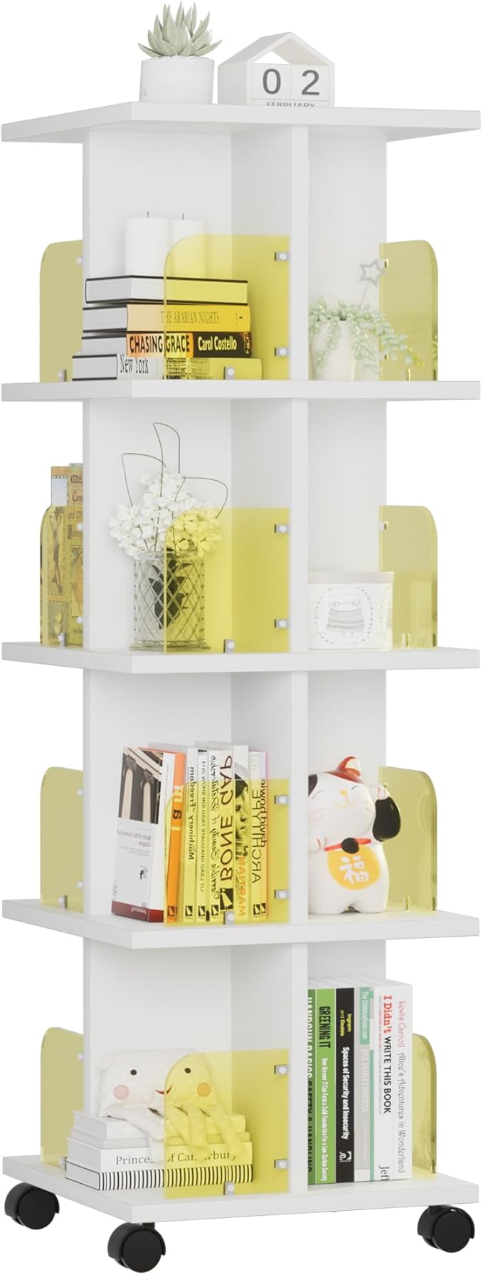 VECELO Rotating Bookshelf with Brake Wheels, 360°Display 4 Tier Floor Stackable Spinning-Bookshelf Tower for Kids&Adults, Revolving Bookcase for Small Space,Corner(White)