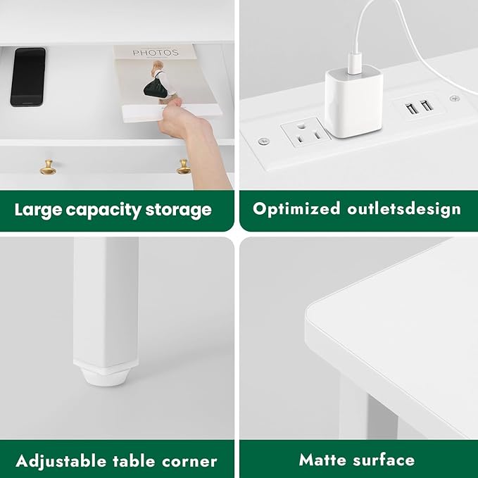 27 Inch Wide Night Stand, Large Wood Night Stand Set 2 with 2 Drawers, LED Nightstand with Charging Station and Adjustable Drawer, Bedside Table for Living Room/Bedroom/Study/Office, White.