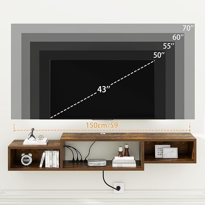 IBUYKE 59" Floating TV Stand Wall Mounted with Power Outlet,Wood Wall Mounted Media Console Shelf,Floating Entertainment Center for Under TV Storage for Living Room Bedroom Office,Rustic Brown WST007H