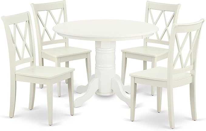 East West Furniture SHCL5-LWH-W 5 Piece Dining Table Set for 4 Includes a Round Kitchen Table with Pedestal and 4 Kitchen Dining Chairs, 42x42 Inch, Linen White