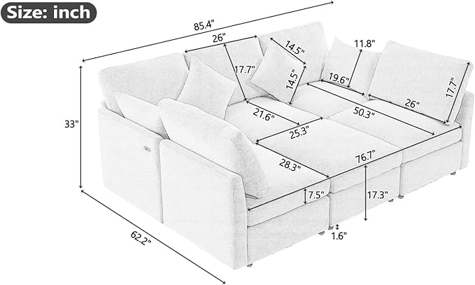 Ball & Cast Oversize Modular Sectional Sofa,85.4" 5-Seater Couch with USB Ports and 9 Pillows,Chenille Upholstered Convertible Sleeper Sofabed w/Movable Ottoman,for Living Room,Grey