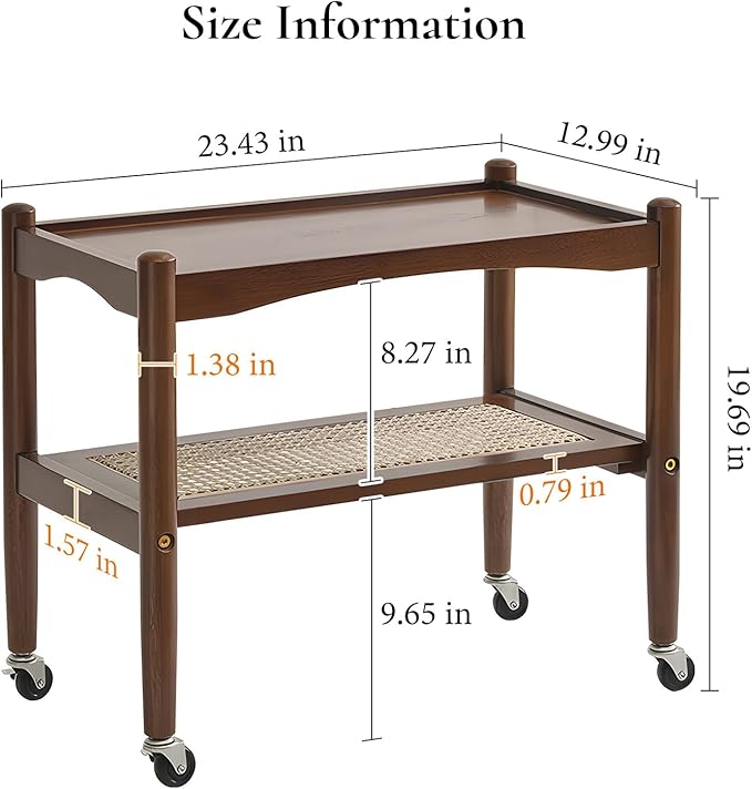 Rattan Side Table with Wheels, Small End Table with Storage, Narrow Wooden Bed Side Table for Living Room, Modern Slim Sofa Nightstand, 23.43" W*12.99" D*19.69" H, (Walnut)