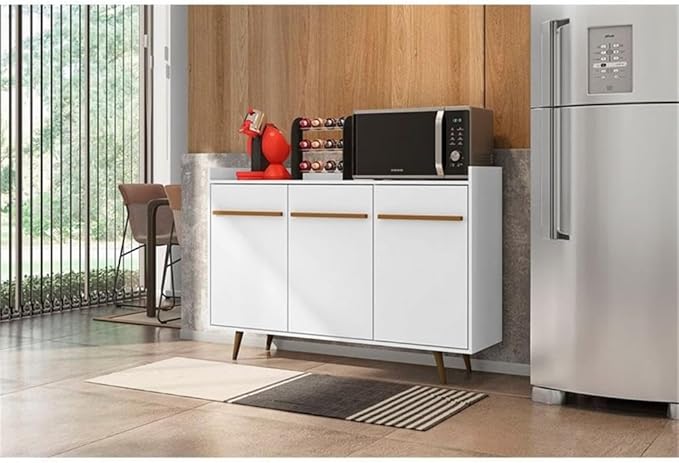 Manhattan Comfort Bradley Buffet Cabinet with Storage, Mid Century Modern Sideboard with 4 Shelves and Soft Close Doors, TV Stand Media Console for up to 50" Screens, 53.54" Long, White