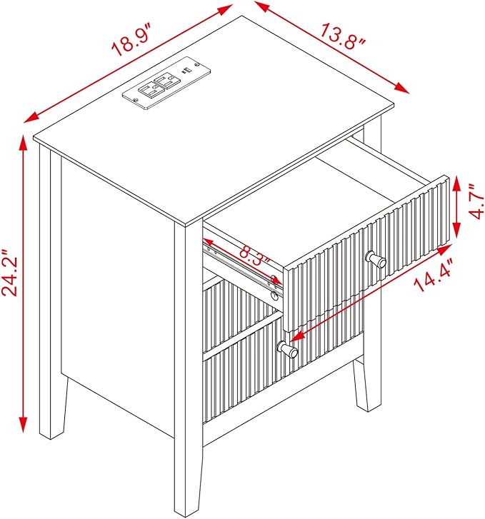 OCANDO White Bed Side Table with Charging Station and USB & Type-C Ports, Bedroom Nightstand 24" H,Vintage Modern Night Stand with 3 Drawers 19" W,Living Room Fluted End Bedside Tables