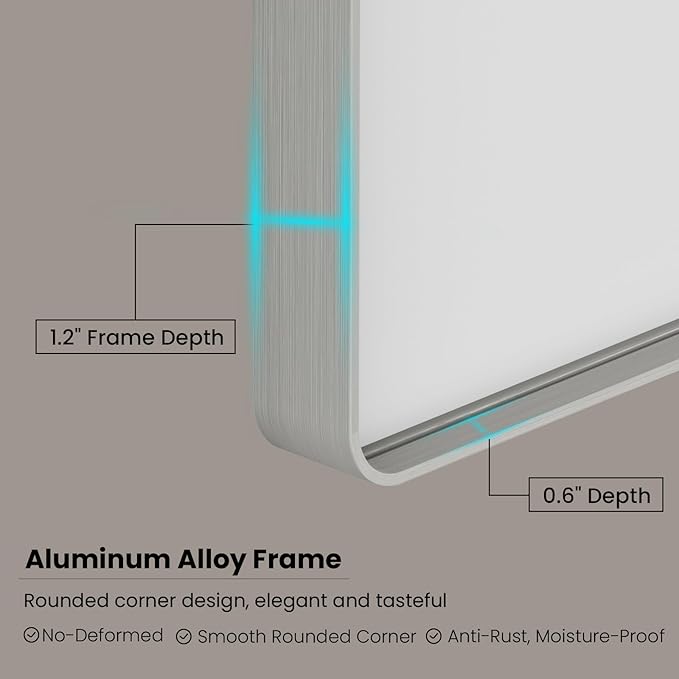 Brushed Nickel Bathroom Mirror 72x36 Inch, Brushed Silver Metal Frame Mirror Wall Mounted, Rounded Rectangle Bathroom Vanity Mirror, Tempered Glass, Anti-Rust, Horizontal/Vertical