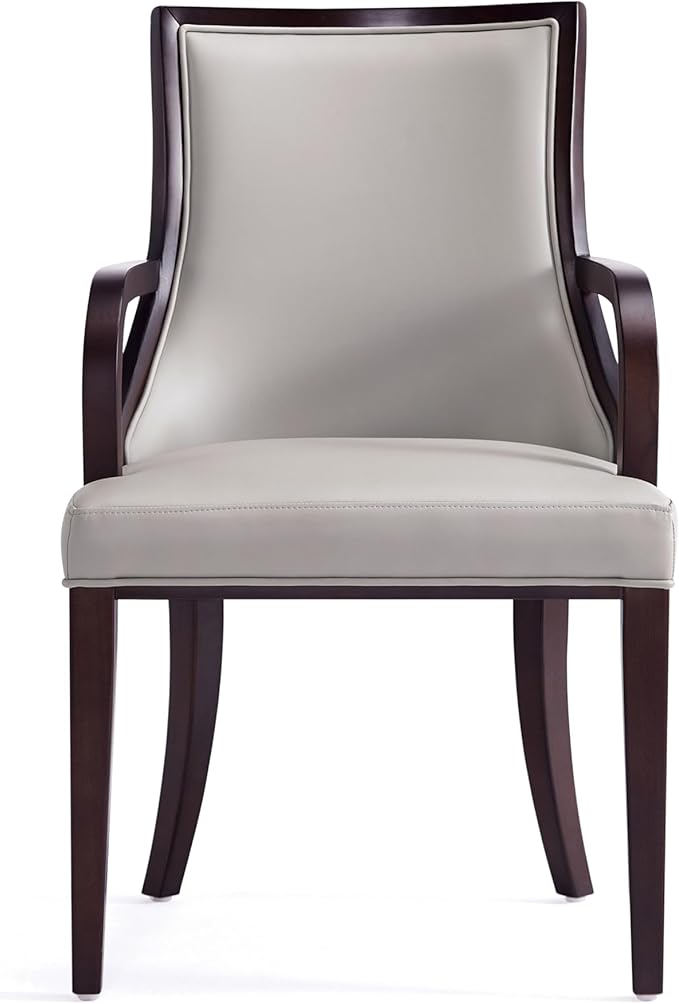 Manhattan Comfort Grand Faux Leather Dining Chair with Arms, Padded Wingback Seat, Fine Rectangular Stitching and Solid Wood Frame, Set of 1, Light Grey