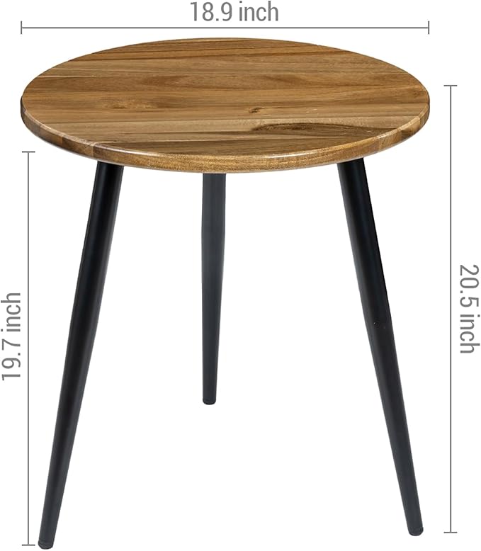 MyGift 20.5 Inch Mid Century Round End Table, Premium Acacia Solid Wood Accent Side Table with Black Metal Tapered Legs