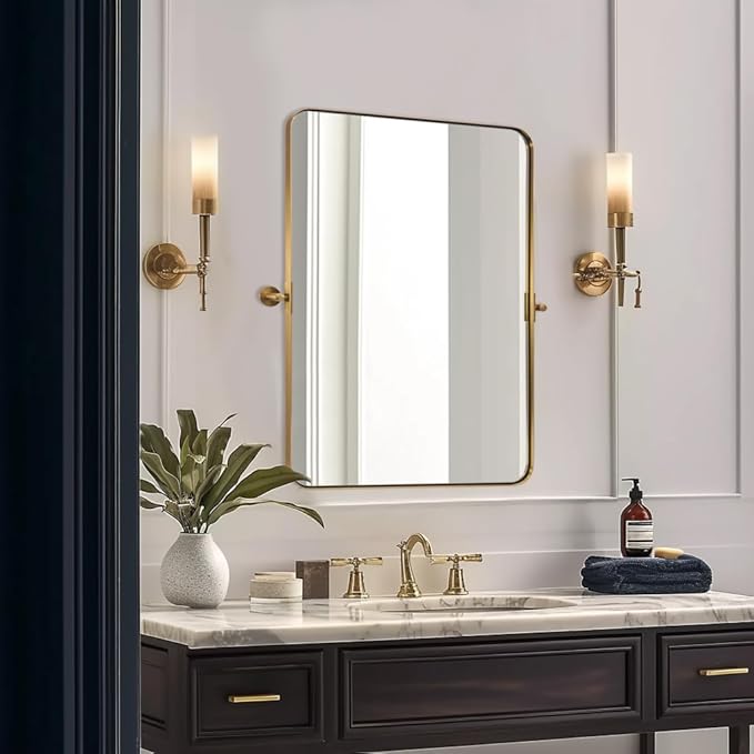 MOON MIRROR Gold Brass Pivot Rounded Rectangle Bathroom Mirror, Brushed Gold Tilt Mirror, Overall 32.33 x 36 in (Mirror 28x 36 in)