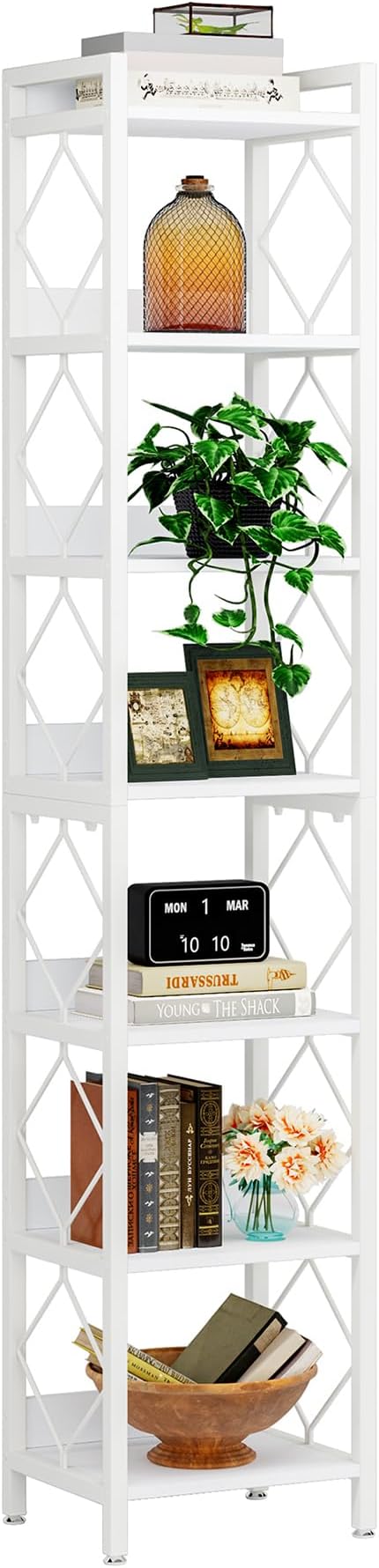 Tribesigns 78.7 Inch Extra Tall Narrow Bookshelf, 7 Tier Skinny Bookcase for Small Spaces, Freestanding Display Shelves, Multifunctional Corner Storage Organizer for Home Office, White