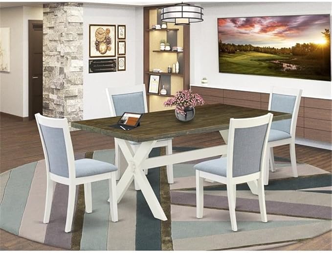East West Furniture X077MZ015-5 5 Piece Dining Room Table Set Includes a Rectangle Kitchen Table with X-Legs and 4 Baby Blue Linen Fabric Parsons Dining Chairs, 40x72 Inch, Multi-Color