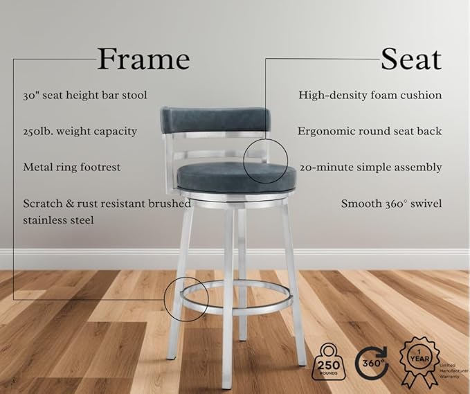 Armen Living Madrid 30" Seat Height Swivel Modern Blue Faux Leather and Brushed Stainless Steel Bar Stool for Kitchen Island Counter