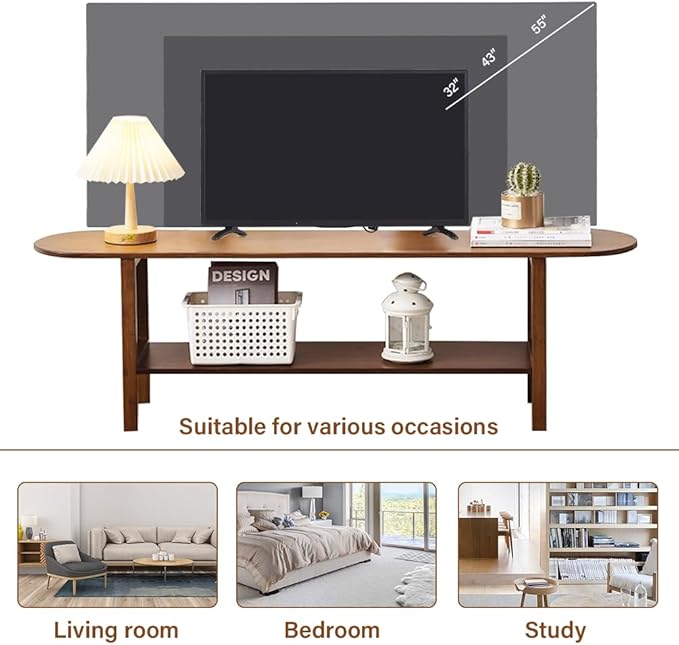 Tiita TV Stand with Storage for TVs up to 65'', Bamboo TV Console Entertainment Center with 2 Open Shelf, Mid Century Modern Media Console for Living Room, Bedroom, Walnut