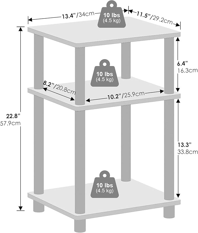 Furinno Just 3-Tier Turn-N-Tube End Table, 1-Pack, White/White