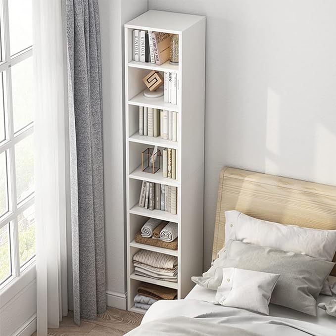IOTXY Small Narrow Corner Bookcase - 59 Inches Tall Gap Freestanding Storage Cabinet, 7 Lattices Open Shelves Tower Rack, Cubes Bookshelf in Oak