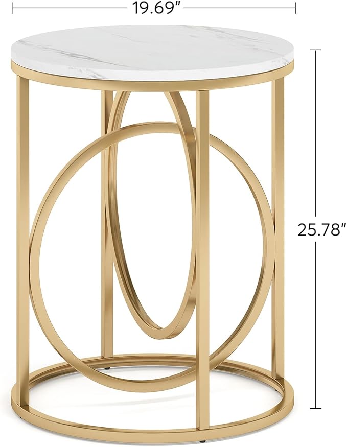 Tribesigns Round End Table for Living Room, Modern Marble Side Table with Gold Metal Frame, White and Gold Accent Table, 26-Inch Tall Narrow Nightstand for Bedroom