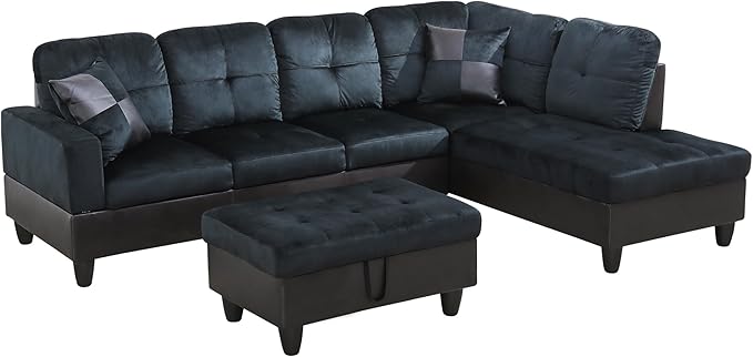NicBex Sectional Couch 3 Pieces Sofa Set with Left Chaise Lint PVC L Shaped Cloud Couch for Living Room Furniture Sets with Storage Ottoman, Modular Sofa for Living Room & Apartment, Dark Blue+Brown