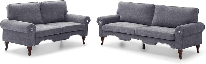 2 Piece Sectional Sofa Set, 2+3 Seat Convertible Couch with Movable Pillows, Upholstered Couches for Living Room, Grey