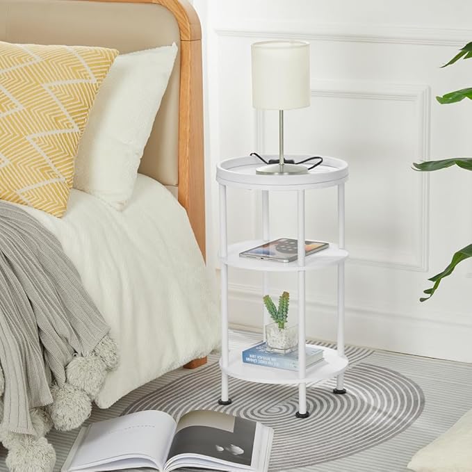 Small Round End Table with Charging Station, 3-Tier Accent Couch Beside Table with USB Ports & Power Outlets, Sofa Side Table for Living Room Small Nightstand Bedroom (Classic, White)