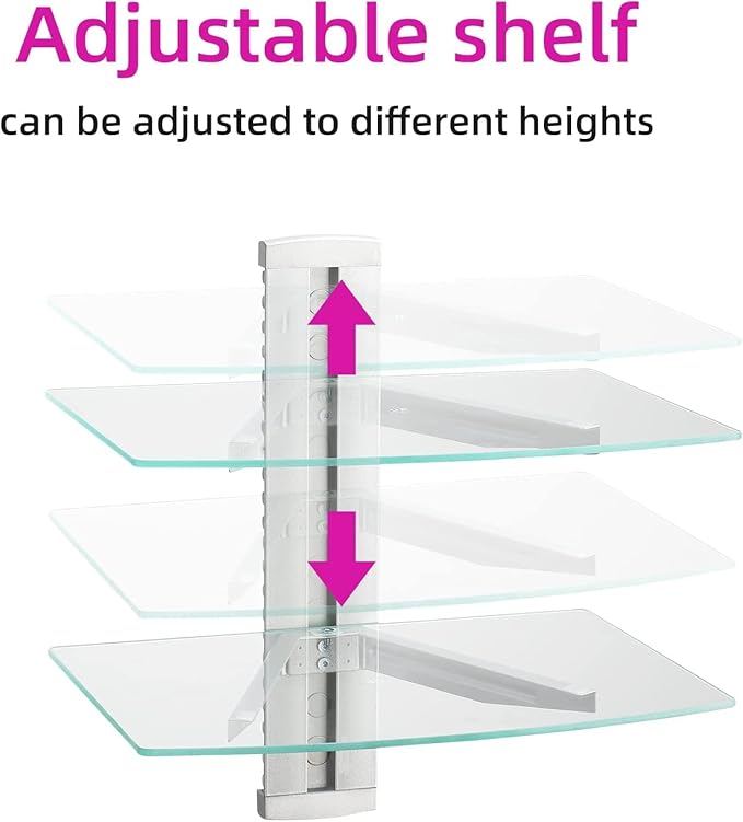 suptek 2 Tiers Glass Floating Shelves, Flat Black Wall Mount Bracket, AV Shelf, Media Shelf for DVD Player / PS4 / Cable Boxes/Game Consoles/Sky Box/TV Accessories, 17.6kg Load Capacity