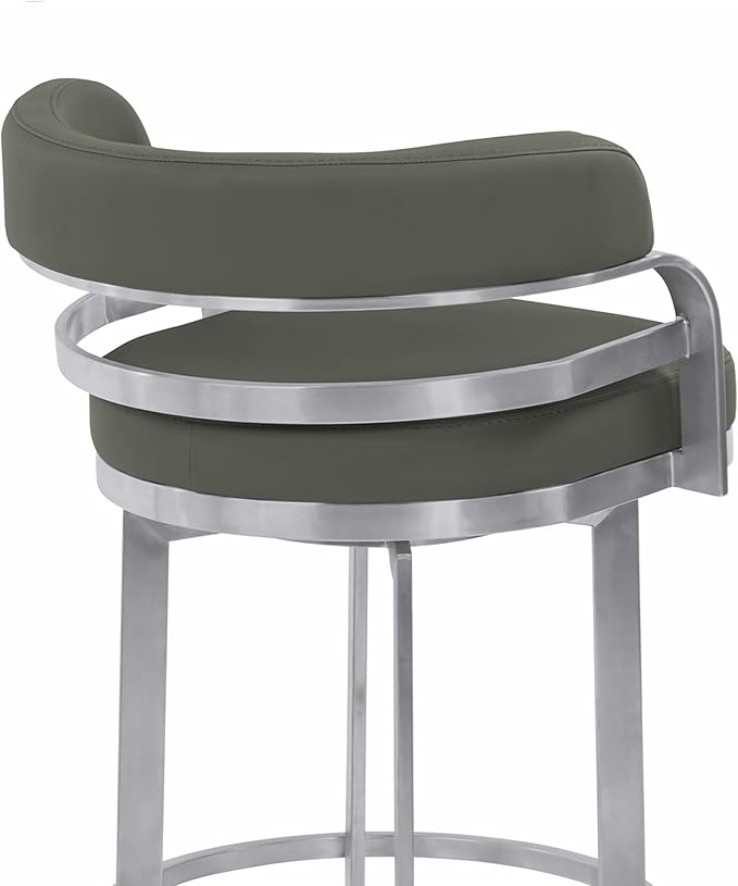 Armen Living Prinz 30" Bar Height Swivel Barstool in Grey Faux Leather and Brushed Stainless Steel Finish