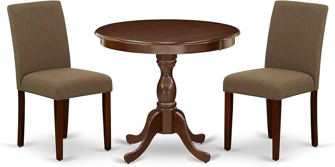 East West Furniture AMAB3-MAH-18 3 Piece Kitchen Table Set for Small Spaces Contains a Round Dining Table with Pedestal and 2 Coffee Linen Fabric Upholstered Chairs, 36x36 Inch, Mahogany