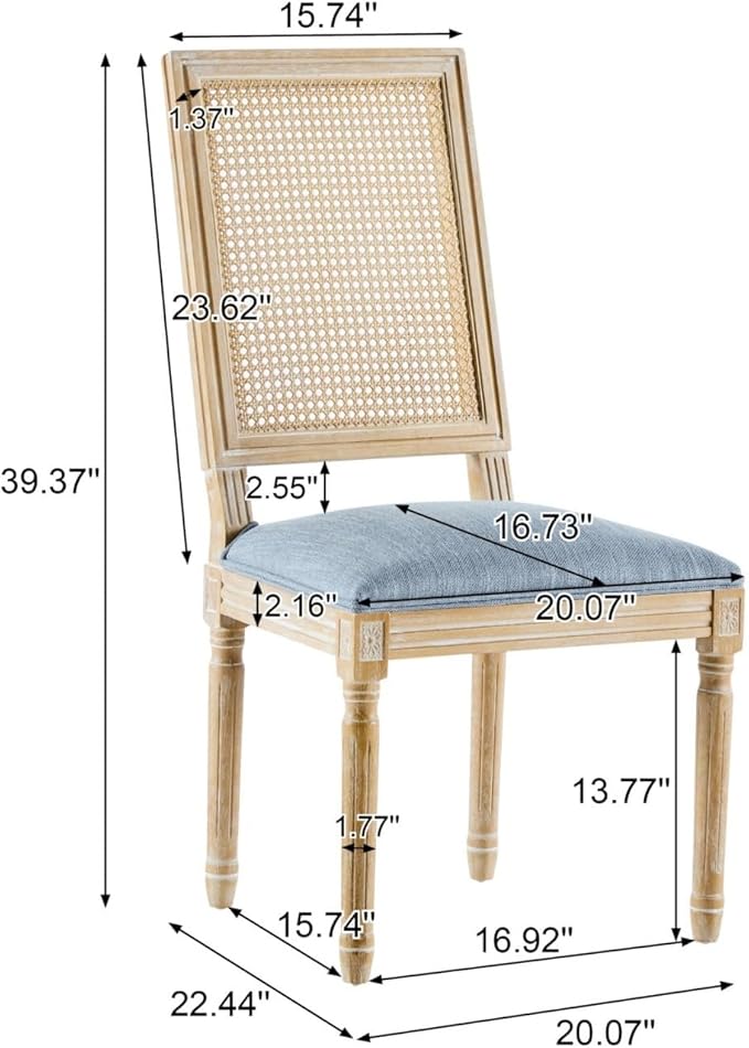 Merax Upholstered Solid Wood Dining Chairs Set of 2, French Country Style Accent Side Seating Furniture for Kitchen, Living Room, Wicker Back, Slate Blue