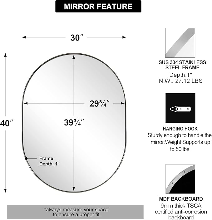 ANDY STAR Brushed Nickel Mirror Bathroom, 30x40 Inch Oval Mirrors for Bathroom, Nickel Pill Shaped Mirror in Premium Stainless Steel Metal Frame Wall-Mounted Mirror 1”Deep Hangs Horizontal/Vertical